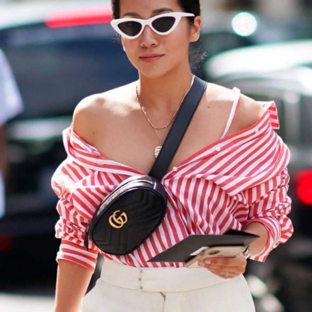 NEW GUCCI GG Marmont Matelasse Chevron Heart Black Leather Belt Bag Sz 85 cm - Picture 3 of 16